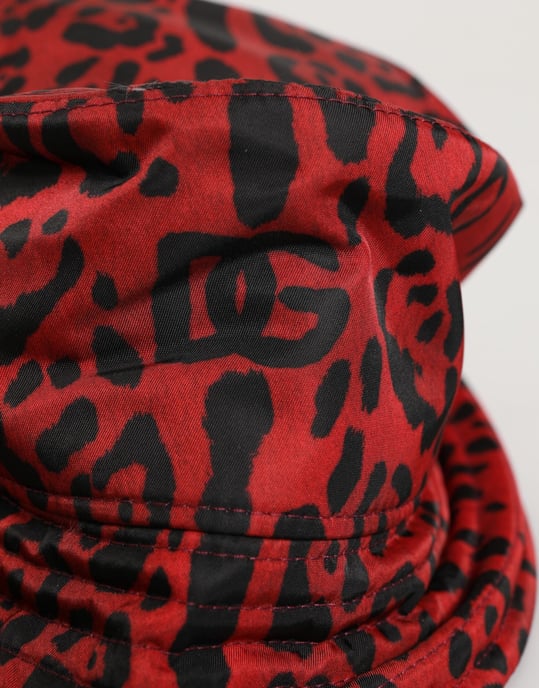 Dolce & Gabbana Rotes Schwarz Nylon Leopardenmuster Bucket Männer Kappe Hut - Image 6