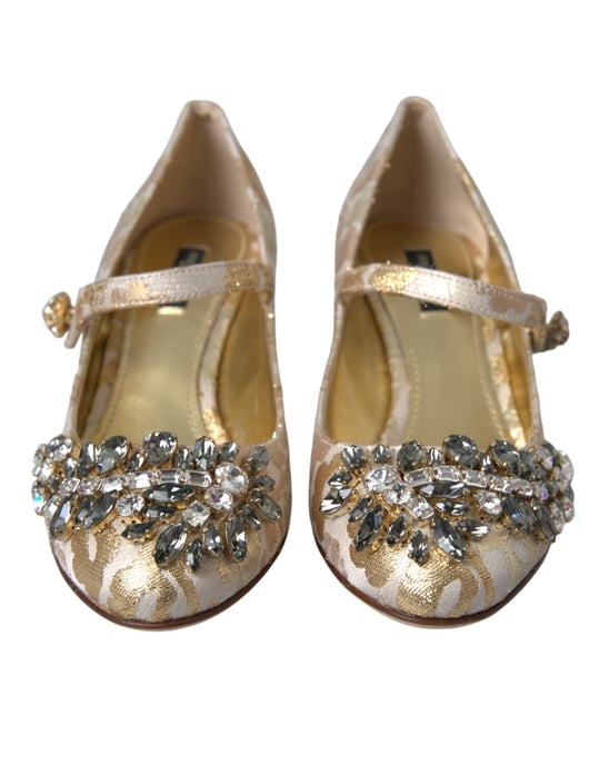 Dolce & Gabbana Gold Jacquard Kristall Mary Janes Pumps Schuhe - Image 2