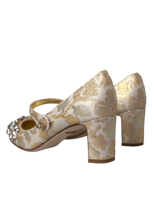 Dolce & Gabbana Gold Jacquard Kristall Mary Janes Pumps Schuhe - Image 4