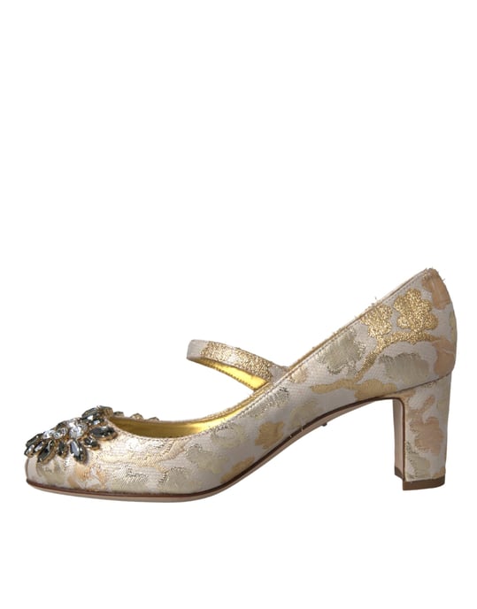 Dolce & Gabbana Gold Jacquard Kristall Mary Janes Pumps Schuhe - Image 5