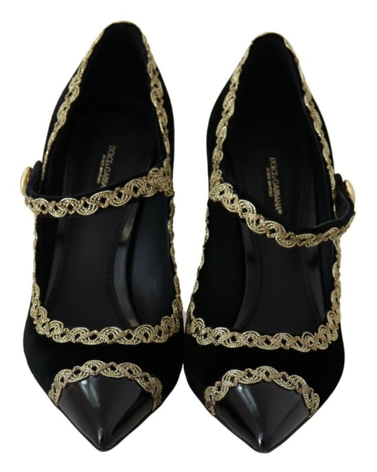 Dolce & Gabbana Schwarze Verzierte Samt Mary Jane Pumps Schuhe - Image 5