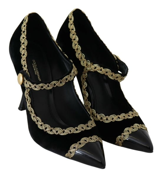 Dolce & Gabbana Schwarze Verzierte Samt Mary Jane Pumps Schuhe - Image 6