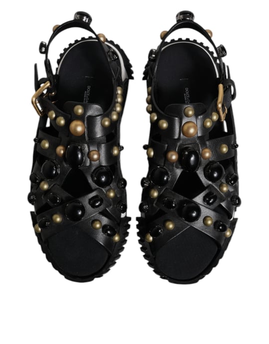 Dolce & Gabbana Schwarze Leder Nieten Slides Sandalen Schuhe - Image 3