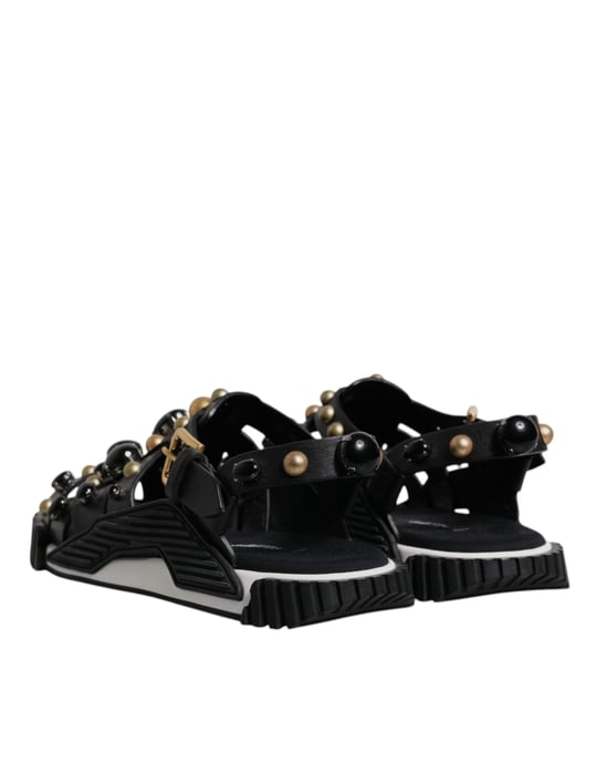 Dolce & Gabbana Schwarze Leder Nieten Slides Sandalen Schuhe - Image 5