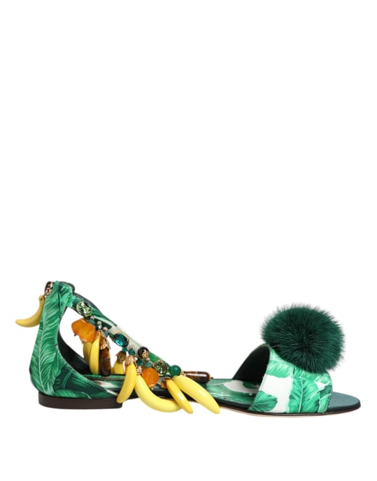 Dolce & Gabbana Grüne Nerz-Fell-Satin-Bananenblatt-Sandalen Schuhe - Image 2