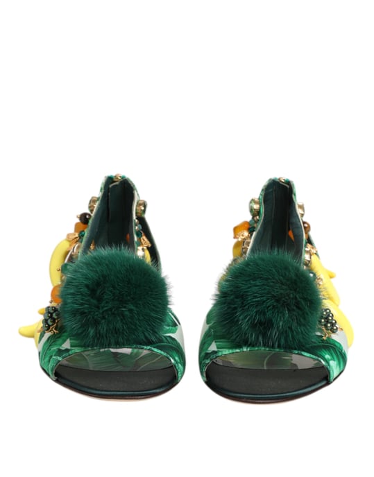 Dolce & Gabbana Grüne Nerz-Fell-Satin-Bananenblatt-Sandalen Schuhe - Image 3