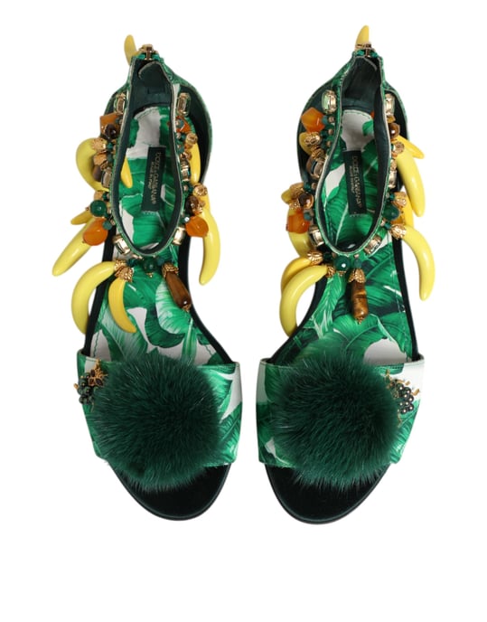 Dolce & Gabbana Grüne Nerz-Fell-Satin-Bananenblatt-Sandalen Schuhe - Image 4