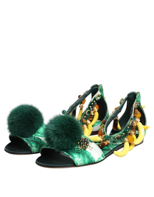 Dolce & Gabbana Grüne Nerz-Fell-Satin-Bananenblatt-Sandalen Schuhe - Image 5