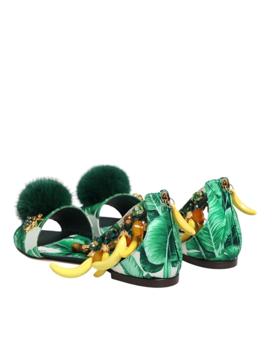 Dolce & Gabbana Grüne Nerz-Fell-Satin-Bananenblatt-Sandalen Schuhe - Image 6
