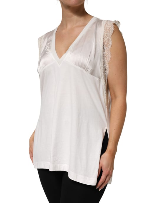 PINKO Weißes Seidenmischung Top mit Spitzenbesatz ohne Ärmeln im V-Ausschnitt für Damen - Image 3