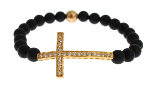 Nialaya Matte Onyxstein Gold CZ Kreuz 925 Silberarmband - Image 3