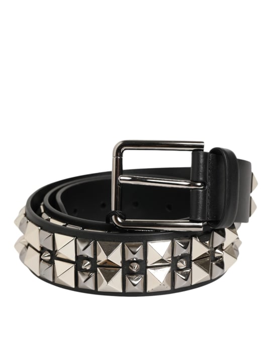 Dolce & Gabbana Schwarzer Kalbsledergürtel mit Nieten und Silberner Schnalle - Image 2