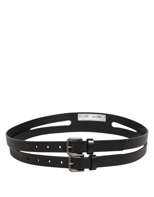 Dolce & Gabbana Schwarzer Doppelschicht-Leder-Gürtel mit Silberner Schnalle - Image 4