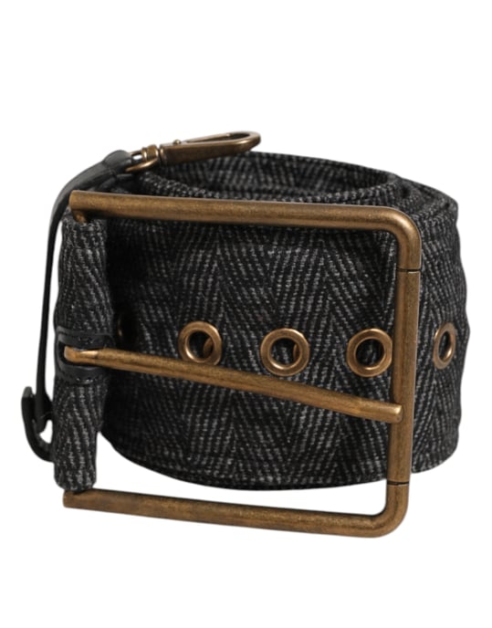 Dolce & Gabbana Grauer Stofflogo-Platte Metallmessing-Schnallen-Gürtel - Image 1