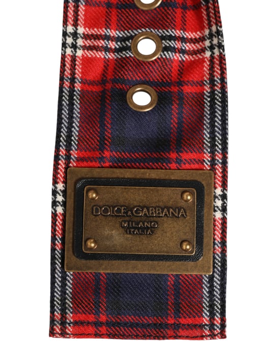 Dolce & Gabbana Roter Karierter Stoff Logo-Platte Messing Schnalle Gürtel - Image 4