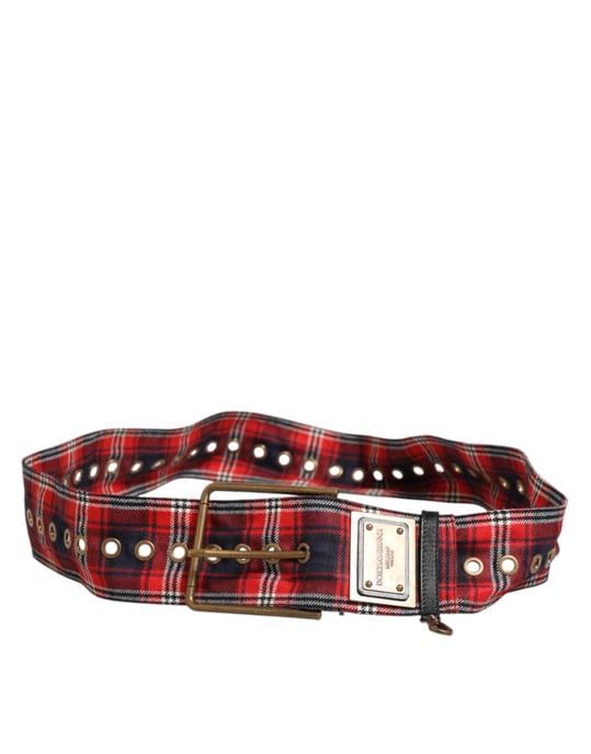 Dolce & Gabbana Roter Karierter Stoff Logo-Platte Messing Schnalle Gürtel - Image 5