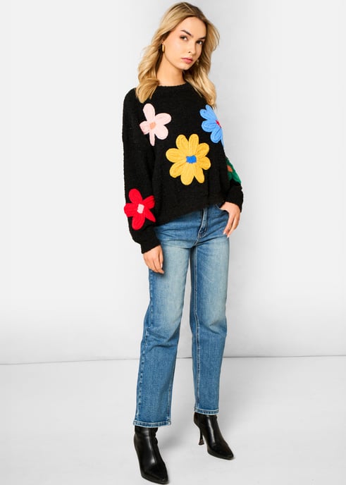 Schwarzer, gehäkelter 3D-Blumenpullover - Image 3