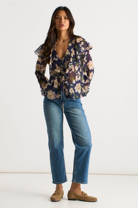 Marineblaue Bluse mit Blumenmuster und Rüschen vorne - Image 1
