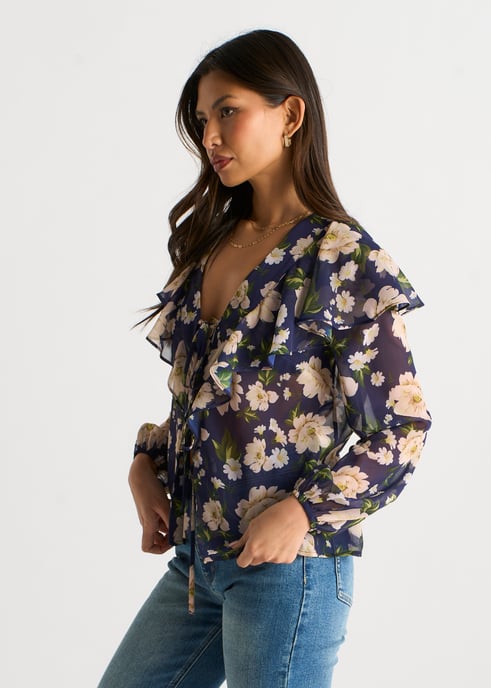 Marineblaue Bluse mit Blumenmuster und Rüschen vorne - Image 3