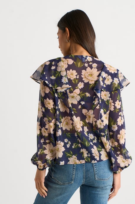 Marineblaue Bluse mit Blumenmuster und Rüschen vorne - Image 4