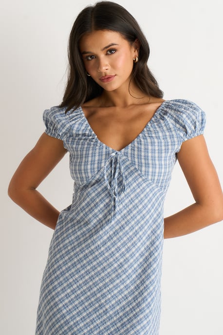 Blaues Midikleid mit V-Ausschnitt und strukturiertem Gingham-Muster - Image 2
