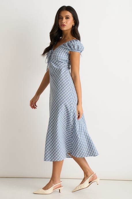 Blaues Midikleid mit V-Ausschnitt und strukturiertem Gingham-Muster - Image 3