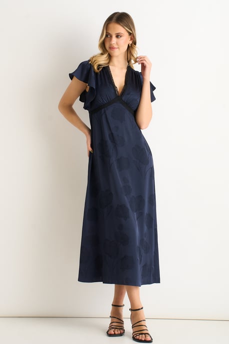 Midi-Kleid aus marineblauem Satin mit Jacquard-Muster und Spitzenbesatz - Image 1