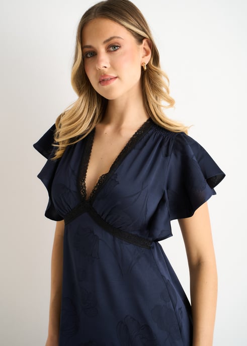 Midi-Kleid aus marineblauem Satin mit Jacquard-Muster und Spitzenbesatz - Image 2