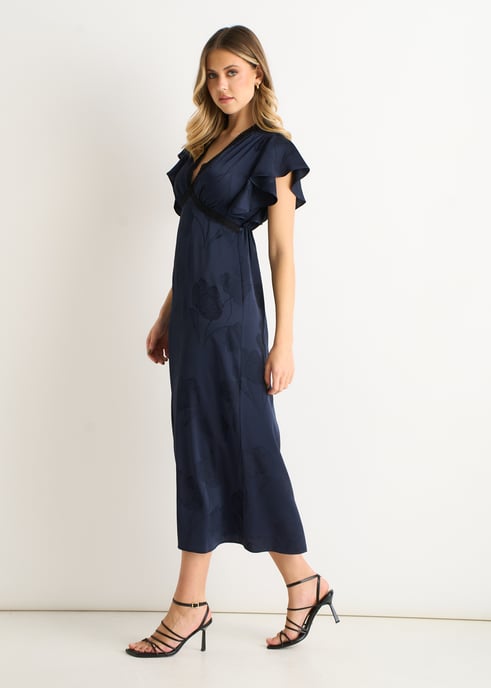 Midi-Kleid aus marineblauem Satin mit Jacquard-Muster und Spitzenbesatz - Image 3