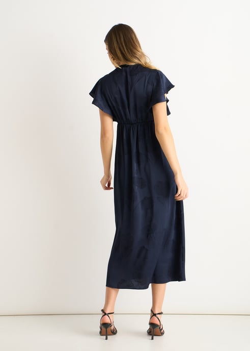 Midi-Kleid aus marineblauem Satin mit Jacquard-Muster und Spitzenbesatz - Image 4