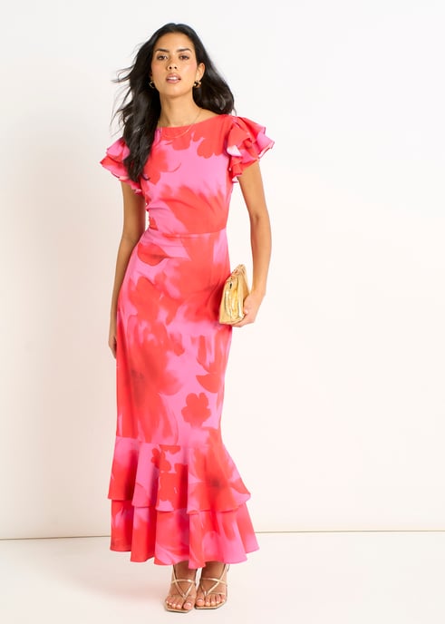 Midaxi-Kleid mit Rüschen und rosa Blumenmuster im Aquarellstil - Image 1