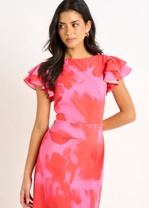 Midaxi-Kleid mit Rüschen und rosa Blumenmuster im Aquarellstil - Image 2