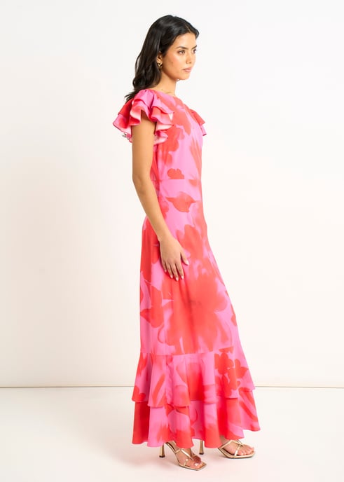 Midaxi-Kleid mit Rüschen und rosa Blumenmuster im Aquarellstil - Image 3