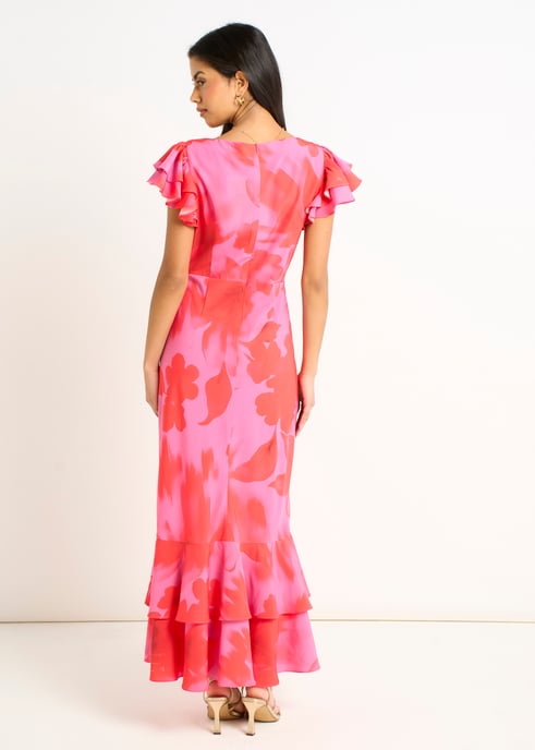 Midaxi-Kleid mit Rüschen und rosa Blumenmuster im Aquarellstil - Image 4