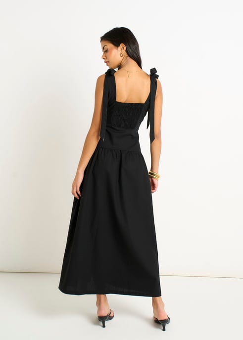 Schwarzes Midikleid aus Leinenmischung mit tief sitzender Taille - Image 4
