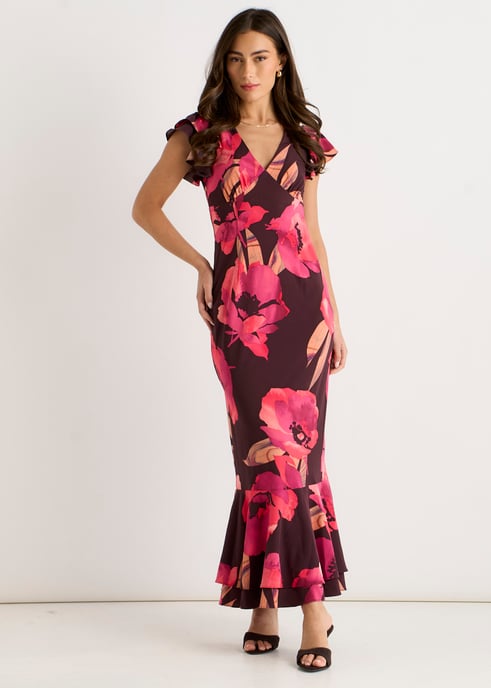Braunes Maxikleid mit Rüschenärmeln und Blumenmuster - Image 1