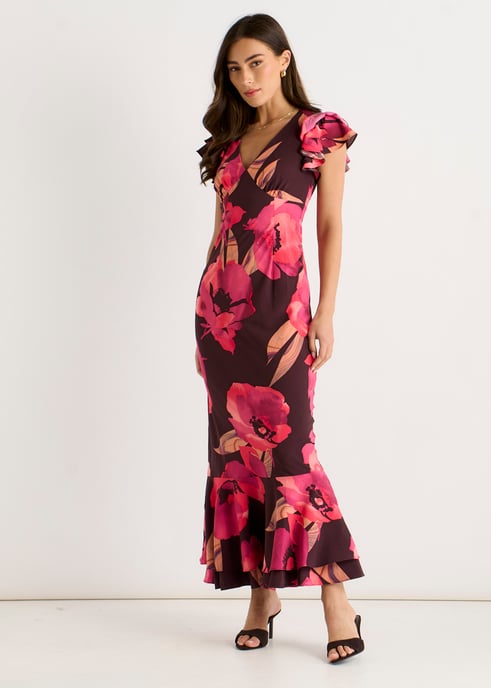 Braunes Maxikleid mit Rüschenärmeln und Blumenmuster - Image 3