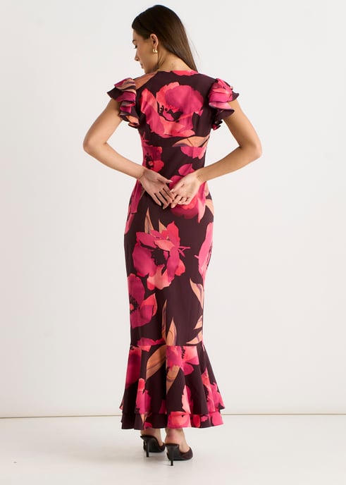 Braunes Maxikleid mit Rüschenärmeln und Blumenmuster - Image 4