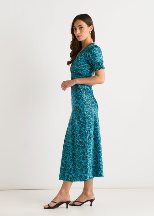 Grünes Midikleid mit Blumenmuster und Spitzenbesatz, V-Ausschnitt - Image 3