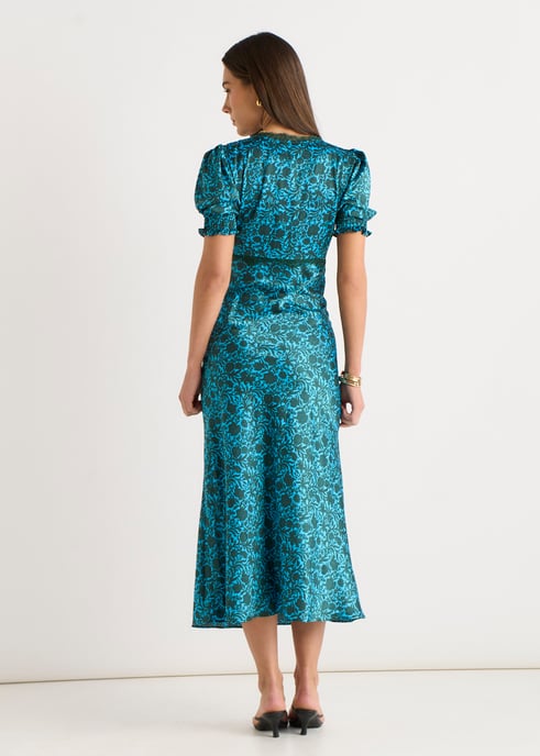 Grünes Midikleid mit Blumenmuster und Spitzenbesatz, V-Ausschnitt - Image 4