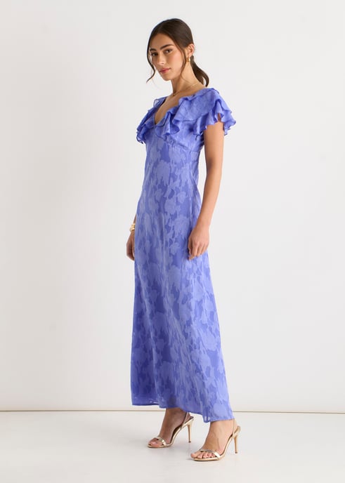 Blaues Maxikleid aus Satin-Jacquard mit Rüschen - Image 3