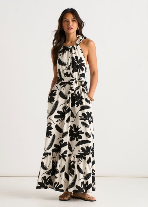 Einfarbiges Trapezkleid aus Leinenmischung mit Gürtel - Image 1