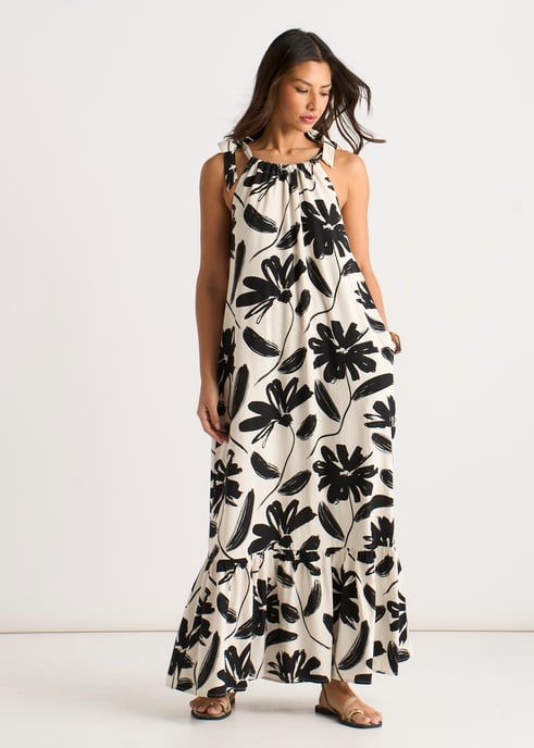 Einfarbiges Trapezkleid aus Leinenmischung mit Gürtel - Image 3