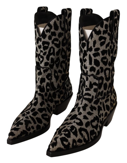 Dolce & Gabbana Graue-schwarze Leopard-Cowboystiefel - Schwarz - Image 3