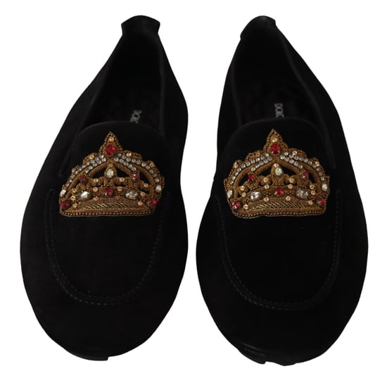 Dolce & Gabbana Schwarze Leder Kristall Gold Krone Slipper Schuhe - Image 2