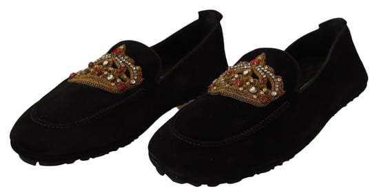 Dolce & Gabbana Schwarze Leder Kristall Gold Krone Slipper Schuhe - Image 3