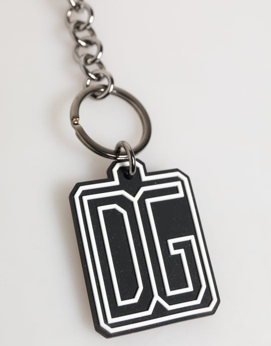 Dolce & Gabbana Schwarz Weiß DG Gummi Logo Silber Herren Schlüsselanhänger Schlüsselring - Image 3