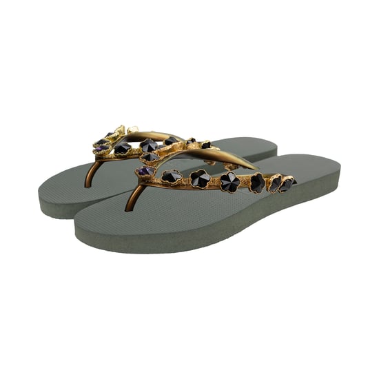 Schwarze Blumen-Flip-Flops in Armeegrün - Image 3