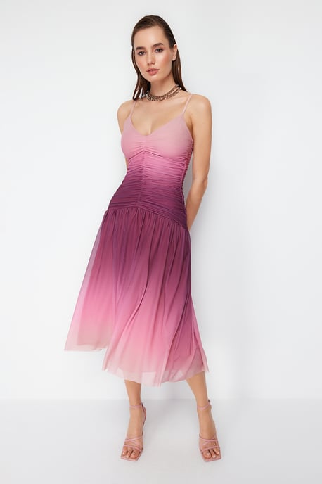 Damen Farbverlauf Midi Spaghetti-Träger Cocktailkleid in taillierter Passform - Image 2