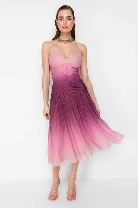 Damen Farbverlauf Midi Spaghetti-Träger Cocktailkleid in taillierter Passform - Image 4